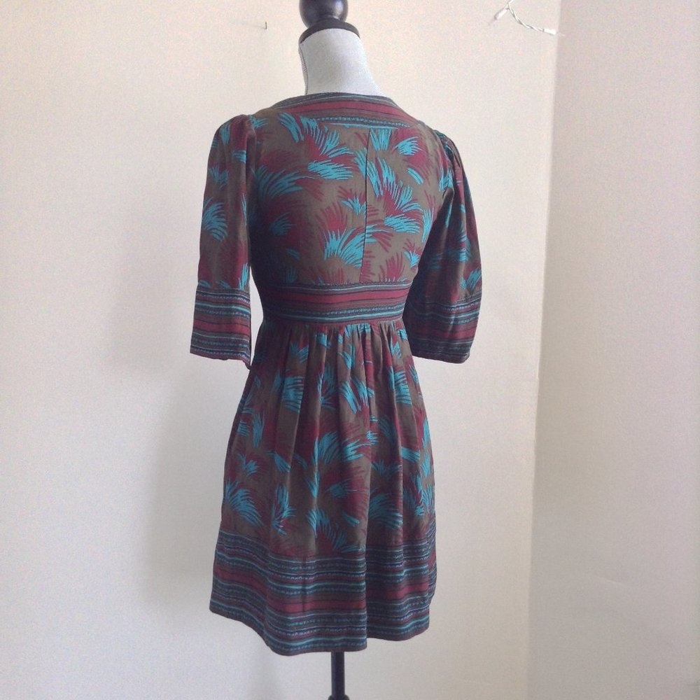 BETSEY JOHNSON V-NECK EMPIRE WAIST PRINT GREEN SHORT MINI DRESS 3/4 LONG SLEEVE - Picture 3 of 11